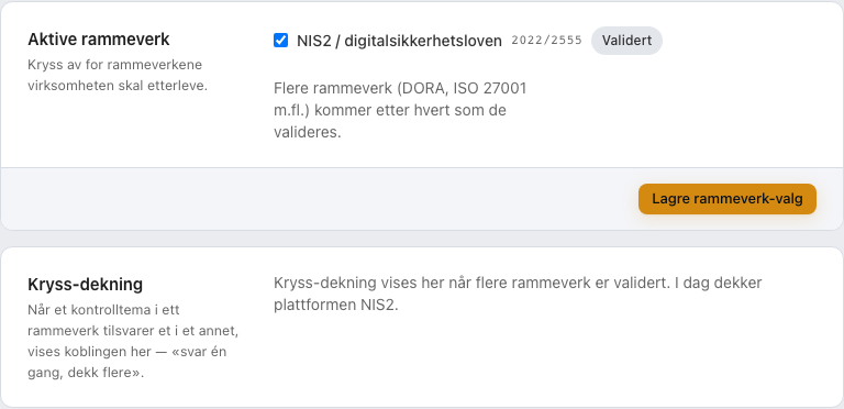 Skjermbilde: rammeverk-valg og kryss-dekning under organisasjon
