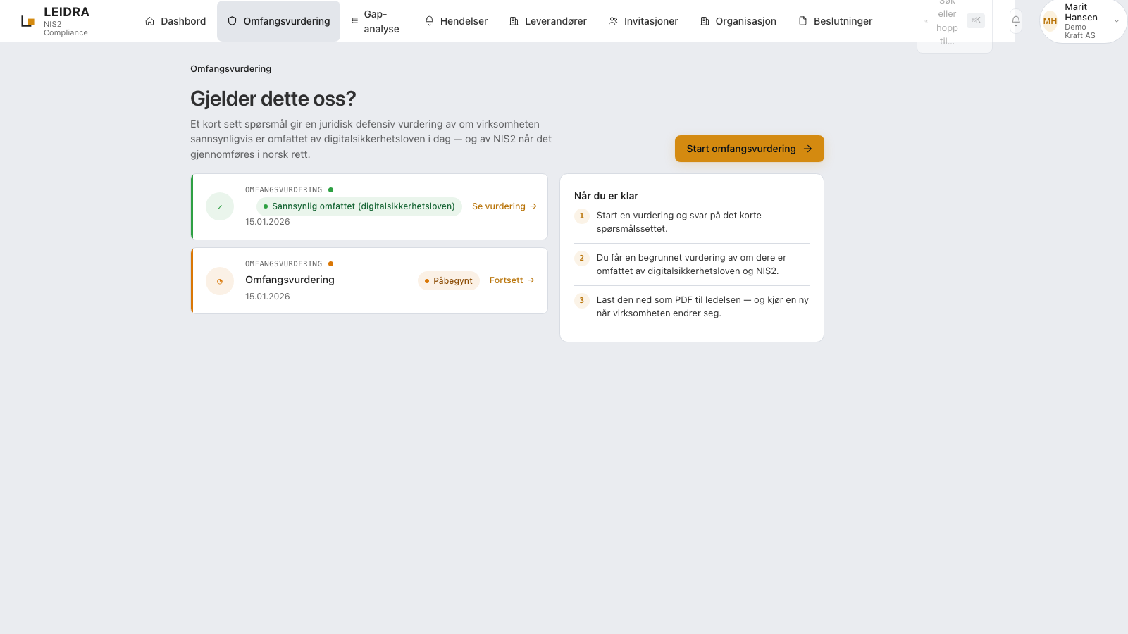 Skjermbilde: liste over omfangsvurderinger i Leidra