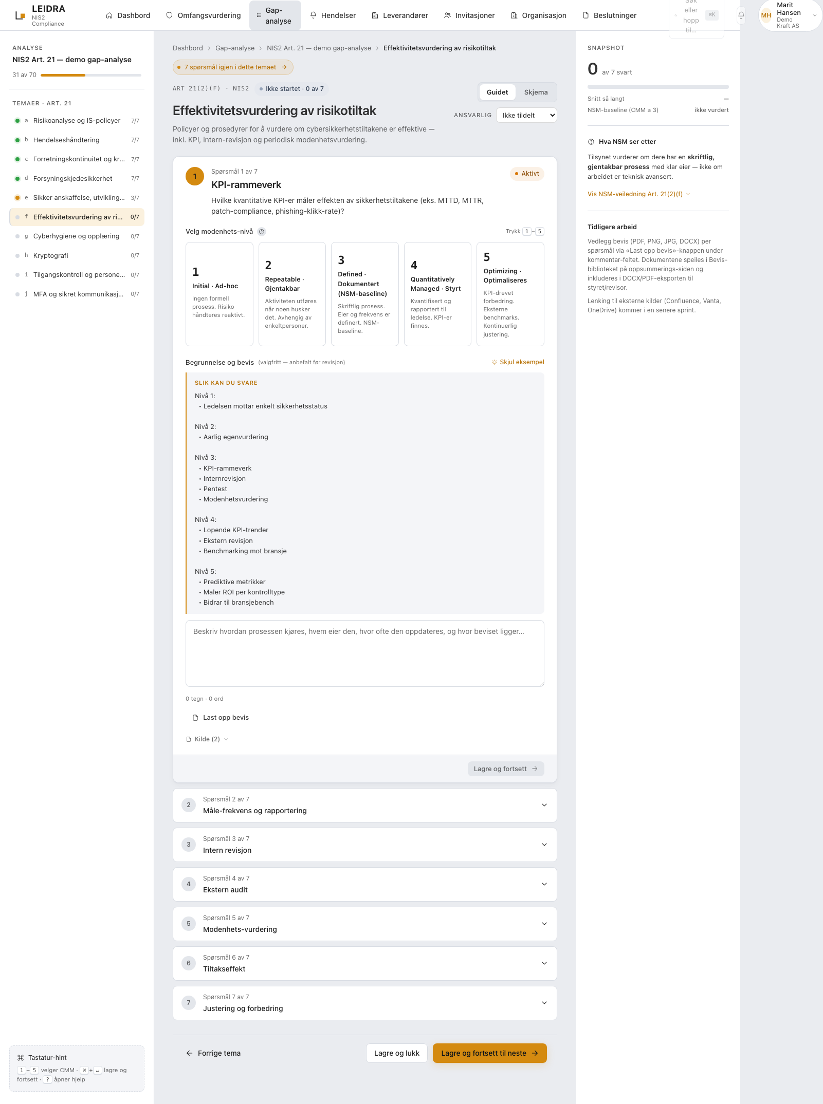 Skjermbilde: guidet gap-analyse-wizard i Leidra