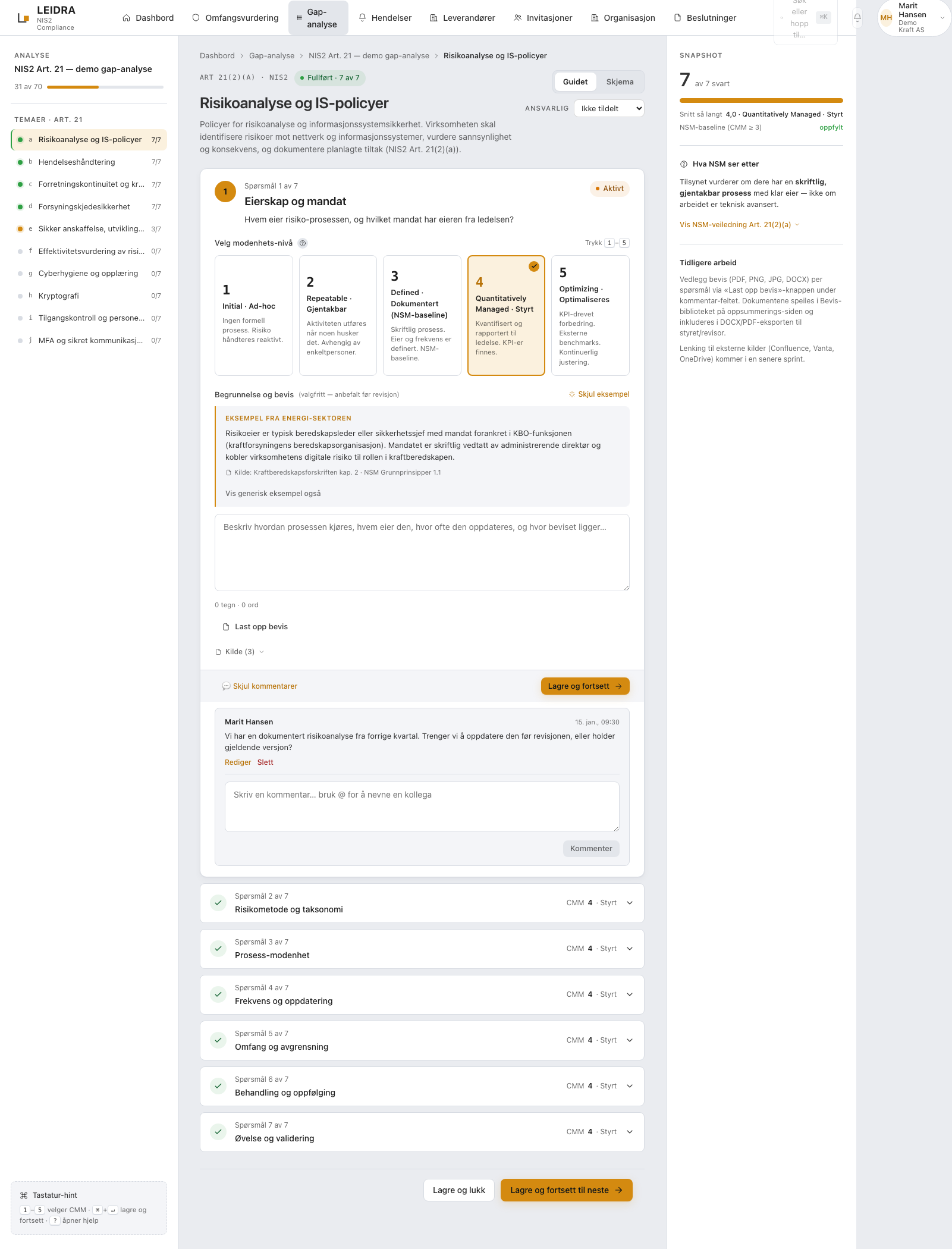 Skjermbilde: kommentartråd og ansvarlig-tildeling i gap-analysen