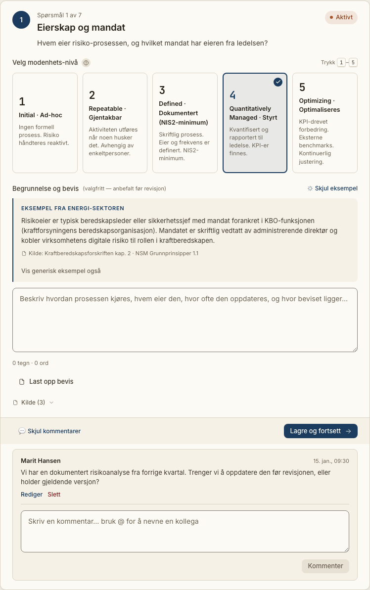 Skjermbilde: kommentartråd og ansvarlig-tildeling i gap-analysen